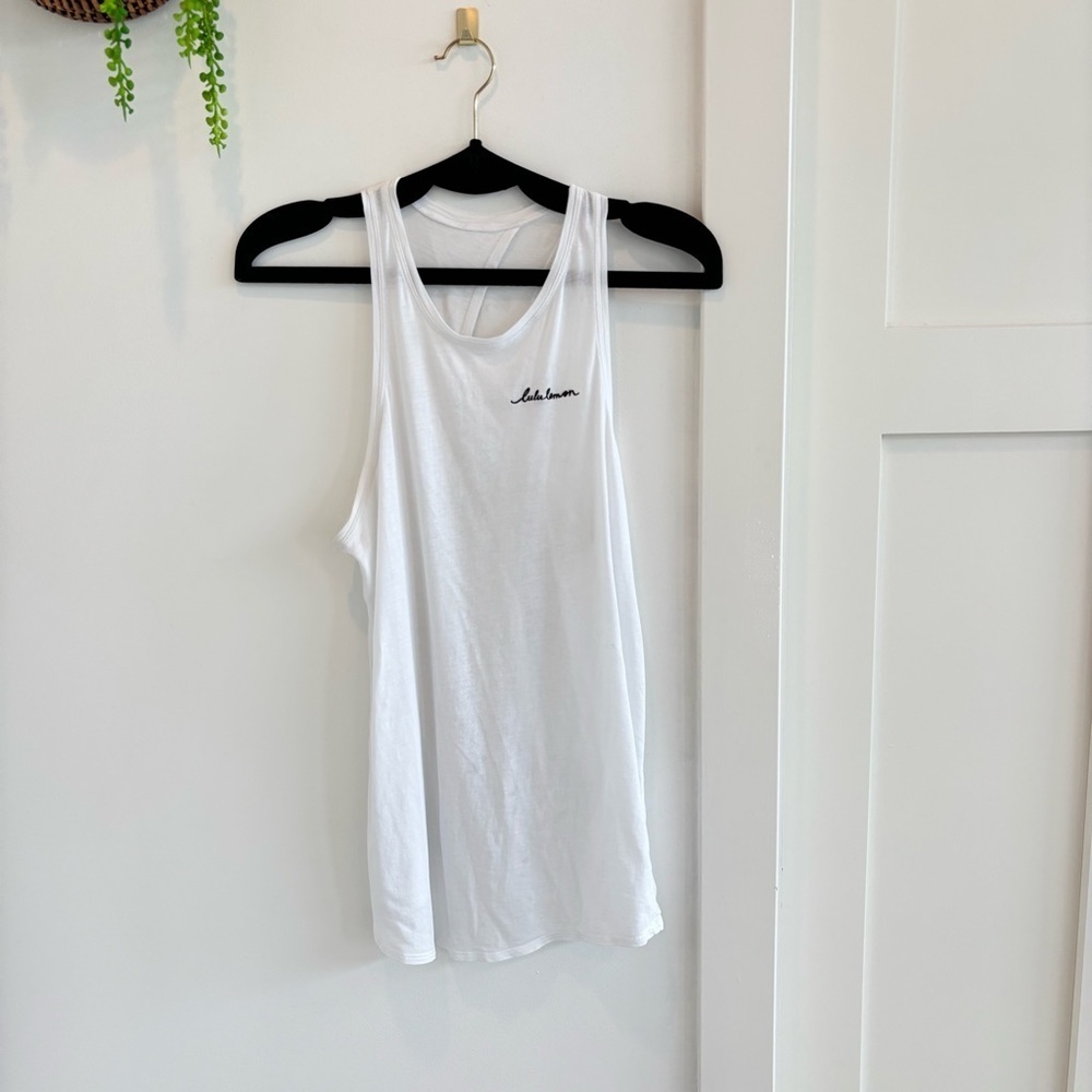 Lululemon All Tied Up White Womens Racerback Tank Top Embroidered Logo Open Back